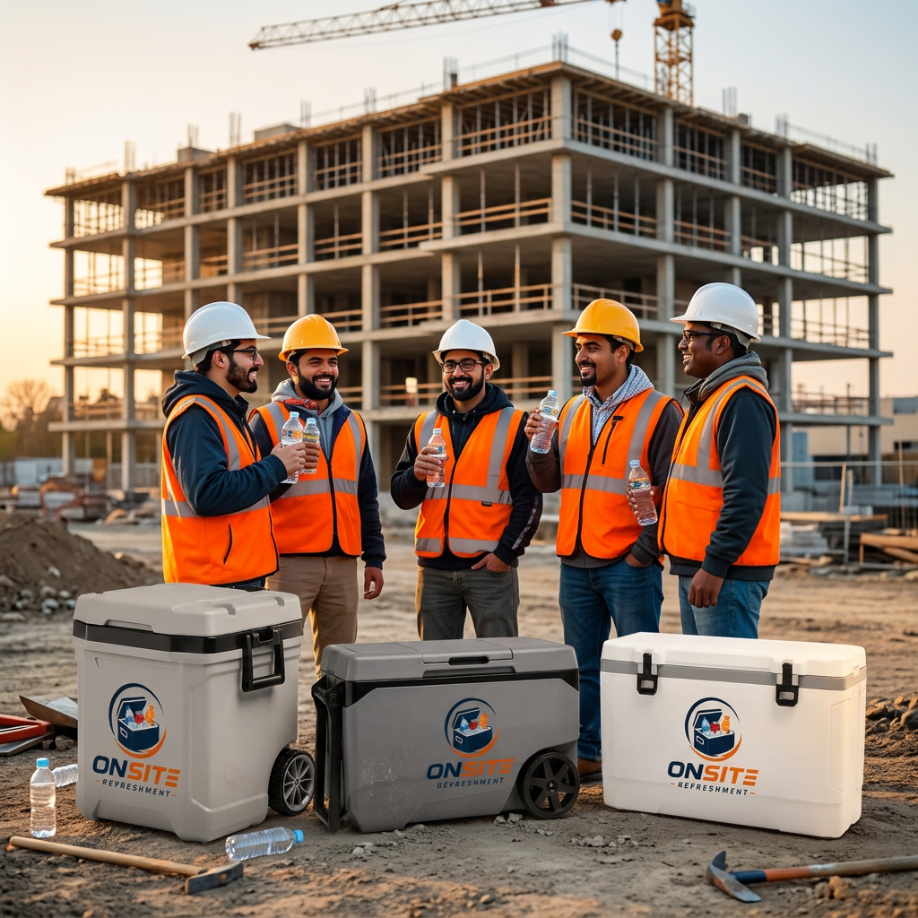 Onsite Refreshment branded coolers on a jobsite with crew members taking a break