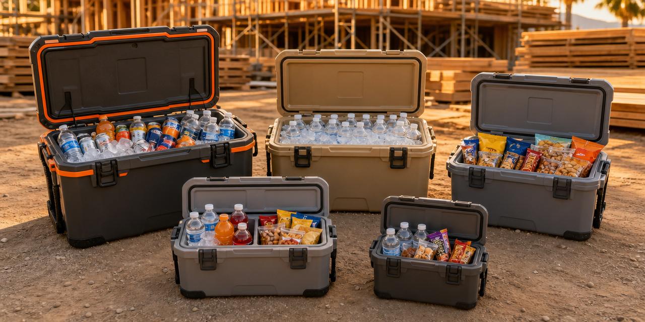 Rugged jobsite coolers stocked with water, sports drinks, soda, and snacks