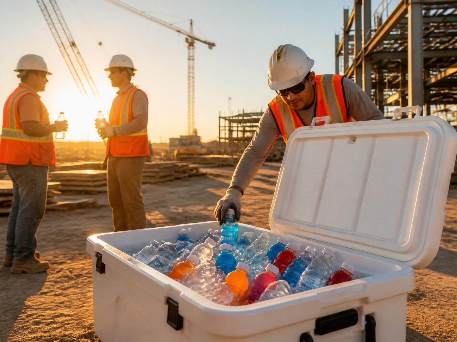 Cold drinks in a cooler being handed to construction workers on a San Diego jobsite